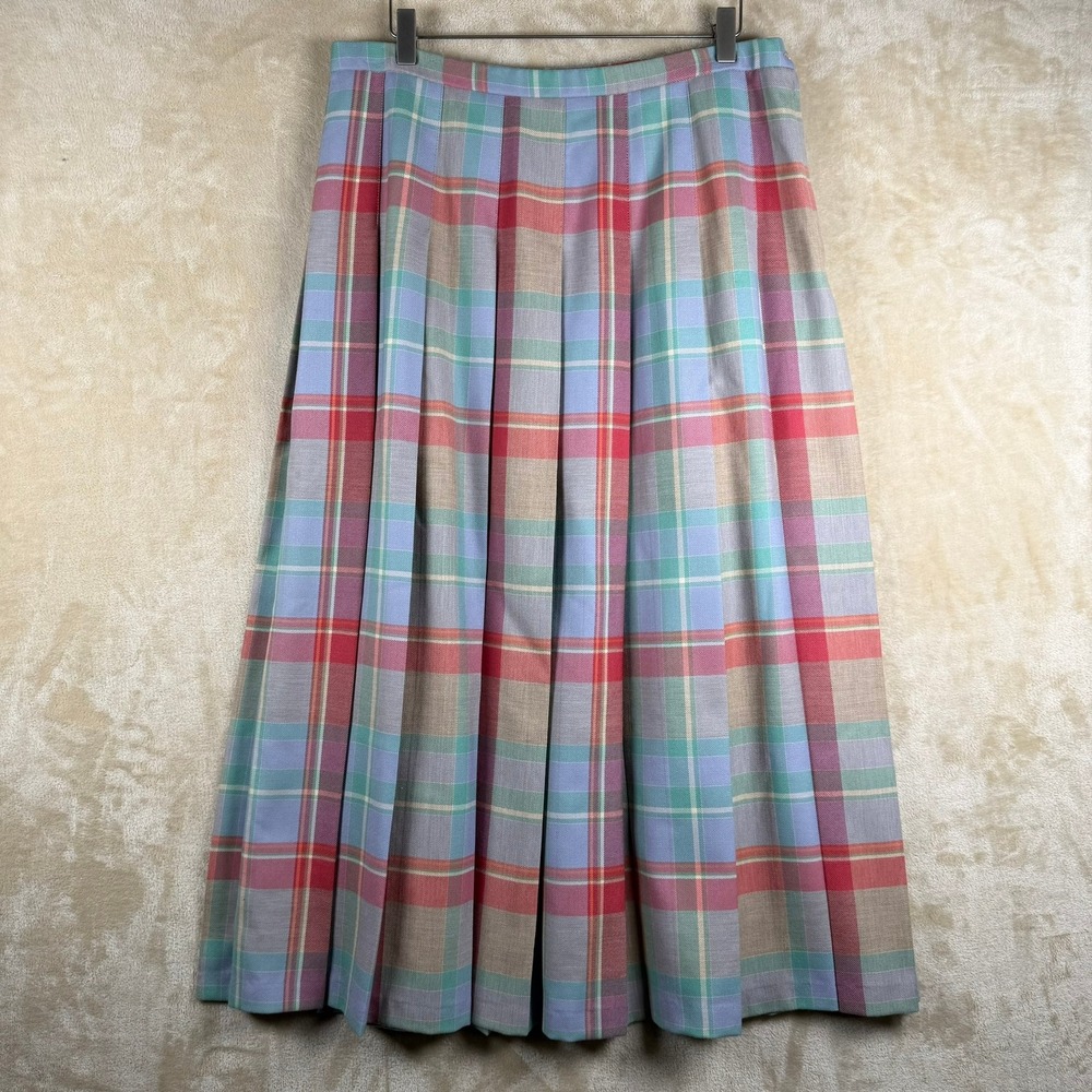 Pendleton Vintage Women 16 100% Virgin Wool Pleated Midi Skirt Pastel Plaid USA